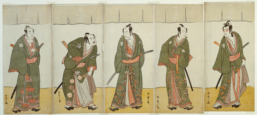 The Actors Ichikawa Monnosuke II as Karigane Bunshichi, Bando Mitsugoro I as An no Heibei, Ichikawa Danjuro V as Gokuin Sen'emon, Nakamura Sukegoro II as Kaminari Shokuro, and Sakata Hangoro II as Hotei Ichiemon (right to left), in "Gonin Otoko" (Five Chivalrous Commoners), an Interlude in Part Two of the Play Hatsumombi Kuruwa Soga (A Soga Drama on the First Festival Day in the Pleasure District), Performed at the Nakamura Theater from the First Day of the Second Month, 1780