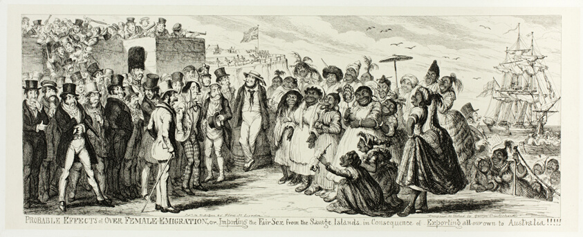 Probable Effects of Over Female Emigration, or Importing the Fair Sex from the Savage Islands in Consequence of Exporting All Our Own to Australia!!!!! from George Cruikshank's Steel Etchings to The Comic Almanacks: 1835-1853