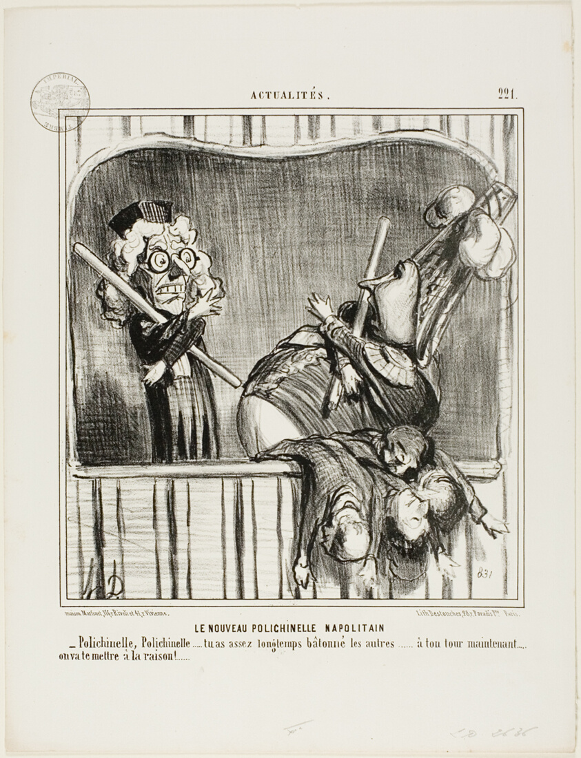 The New Neapolitan Buffoon. “- Polichinelle, Polichinelle, you have cudgelled the others long enough... now it's your turn. We will bring you to reason...,” plate 221 from Actualités