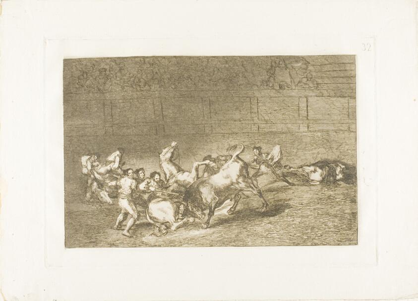 Two teams of picadors thrown one after the other by a single bull, plate 32 from The Art of Bullfighting
