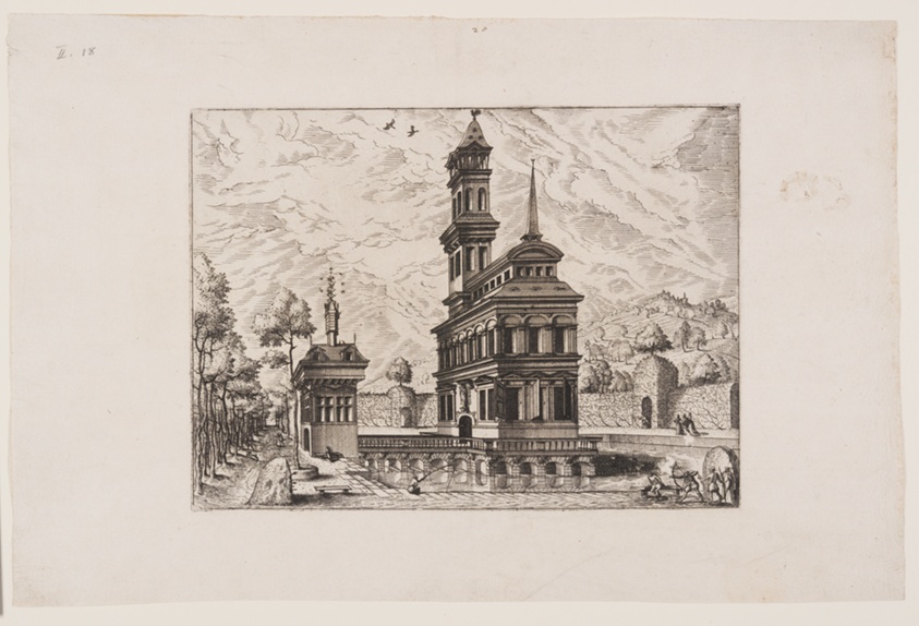 View of a castle with tower and entrance building, placed in a pond and surrounded by a garden