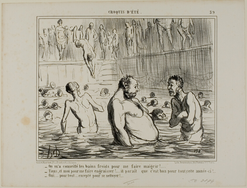 “- I was told to go to the cold batha to lose weight. - You don't say, I was just told the opposite. - Maybe they are good for everything this year! - True for everything, except cleanliness," plate 39 from Croquis D'été