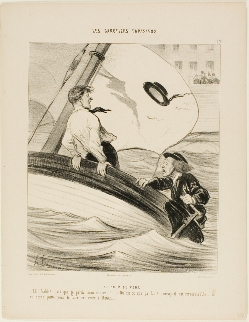 The Gust of Wind. “- Oh blast! I've lost my hat! - Don't worry.... since it is waterpoof.... you won't have a problem reclaiming it at Rouen!,” plate 17 from Les Canotiers Parisiens