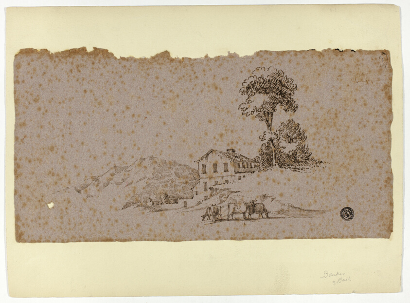 Farmhouse in the Mountains with Cows in Foreground