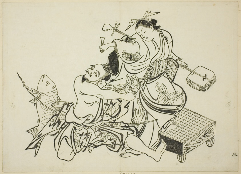 Ebisu flirting with a courtesan, no. 3 from a series of 12 prints