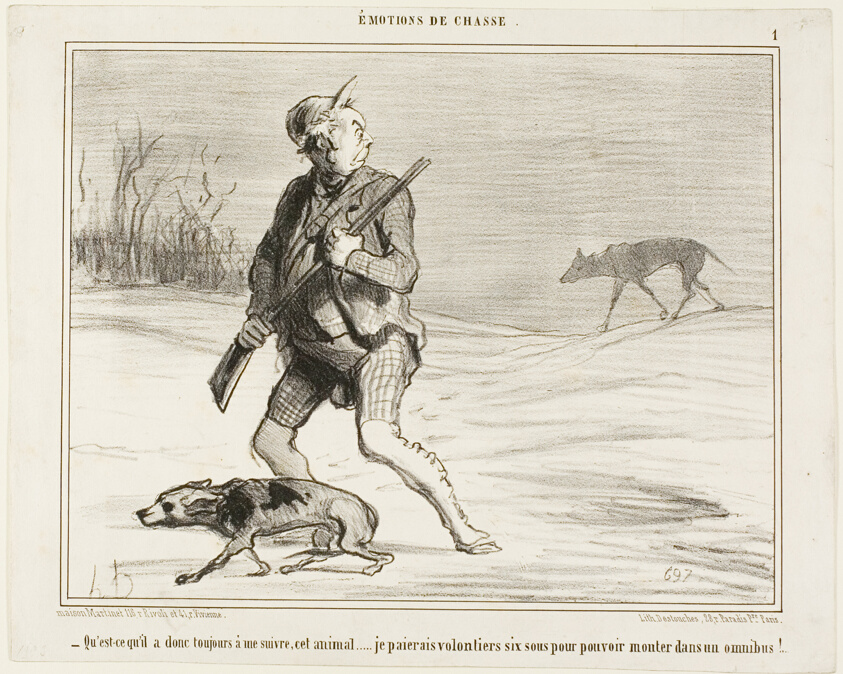 "- I wonder why this beast is following me all the time... I'll happily be paying 6 sous to jump on a bus," plate 1 from Émotions De Chasse
