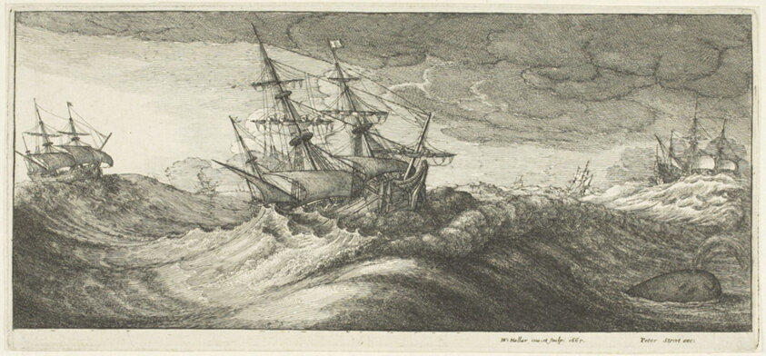 Warships and a Spouting Whale