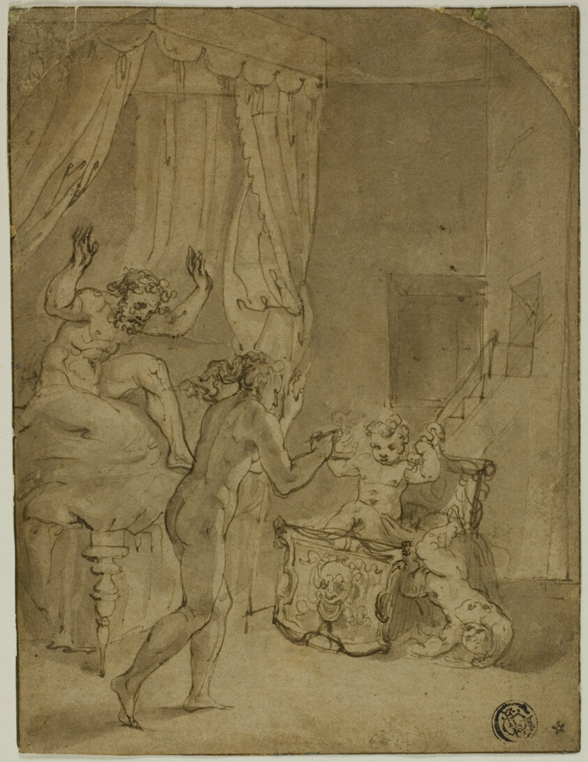 The Infant Hercules Strangling Serpents in His Cradle (recto); Crowned Woman Kneeling in Landscape, and Other Sketches (verso)