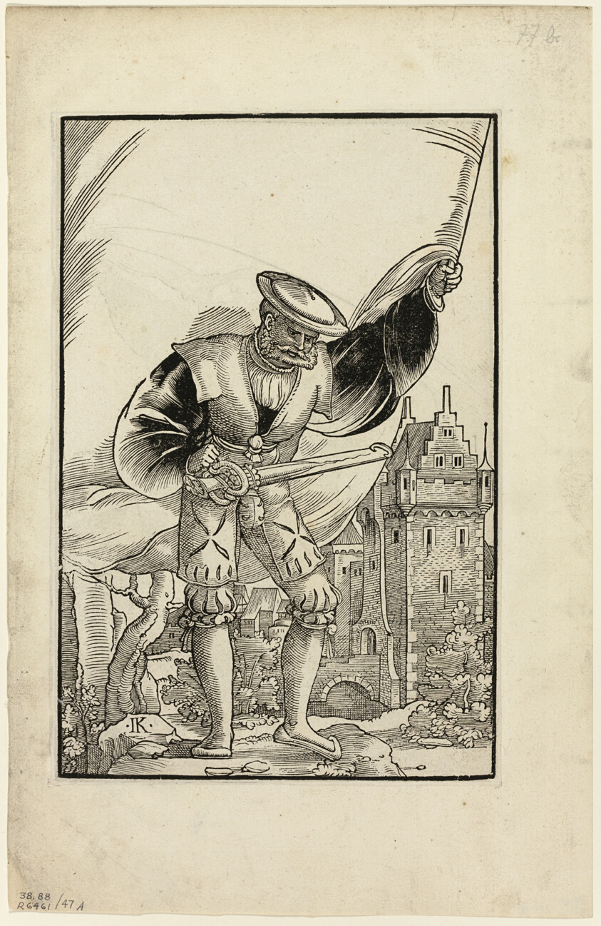 German Soldier Standing with Flag (recto) and German Soldier Marching with Flag (verso) from Wappen des heiligen römischen Reichs Teutscher Nation, plate 47 from Woodcuts from Books of the XVI Century