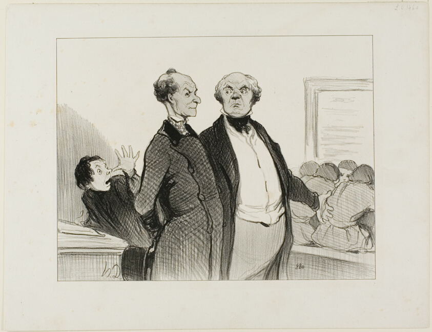 “- As you can see, Monsieur, I have enforced in my school perfectly good discipline. You cannot imagine to what extent I succeeded implanting in these young scholars a deep sentiment of respect towards their teacher,” plate 23 from Professeurs Et Moutards