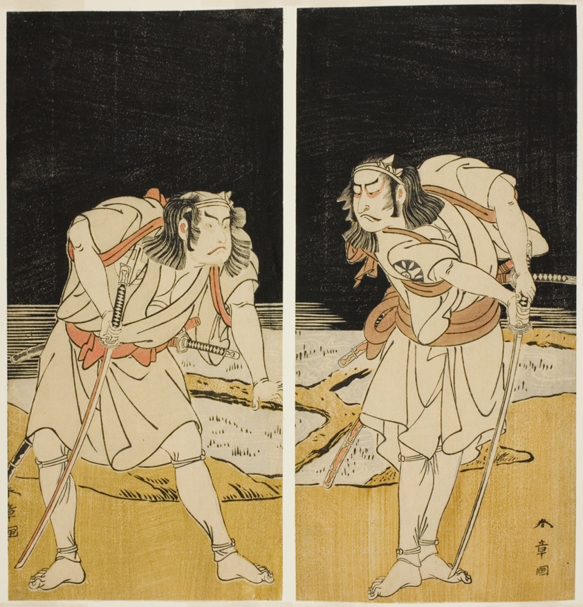 The Actors Nakamura Nakazo I as Omi no Kotoda (right), and Otani Hiroji III as Bamba no Chuda (left), in the Joruri "Sono Chidori Yowa no Kamisuki" (The Plovers: Combing Hair at Midnight), from Part Two of the Play O-atsurae-zome Soga no Hinagata (A Soga Pattern Dyed to Order), Performed at the Nakamura Theater from the Tenth Day of the Third Month, 1774