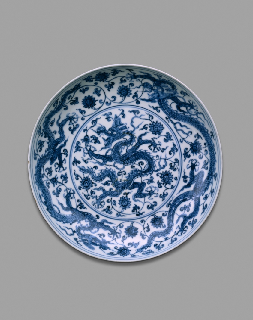 Dish with Dragons Writhing amid Floral Scrolls