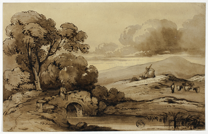 Landscape with Stone Bridge in Foreground and Cows on Hillside