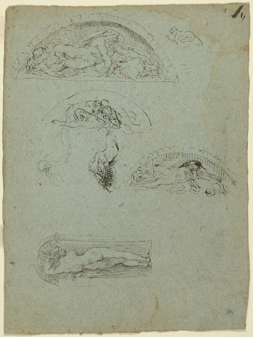 Standing Figure in a Niche and Studies for the Ugolino Group (recto); Red-Robed Prelate in a Crowd (verso)