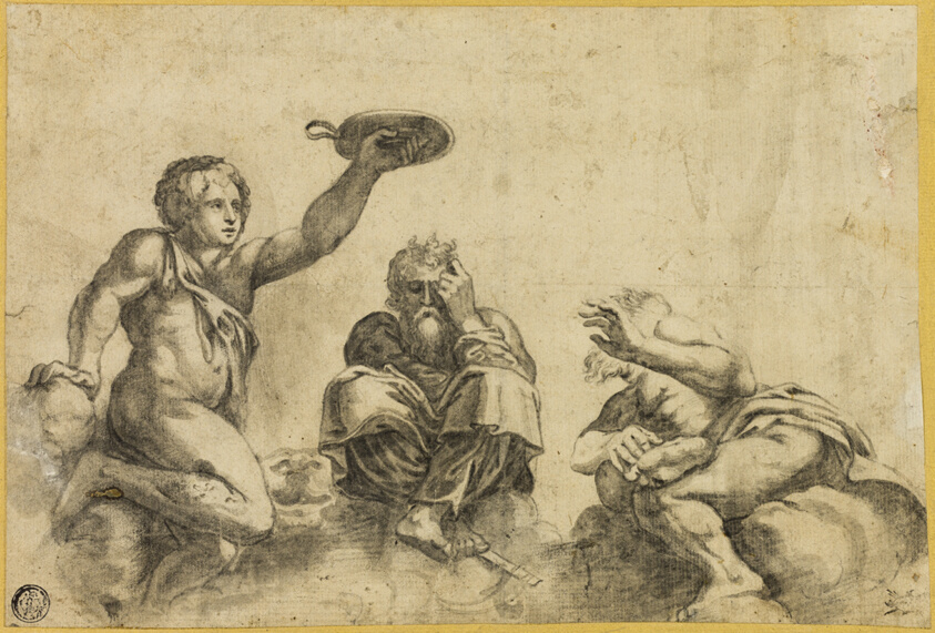 Time Seated on Clouds, Flanked by Two Other Angels