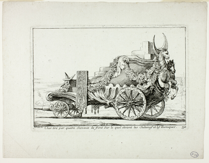 Char tiré par quatre chevaux de front, Sur lequel étaient les Sultanes et les Eunuques, plate 30 from Caravanne du Sultan à la Mecque