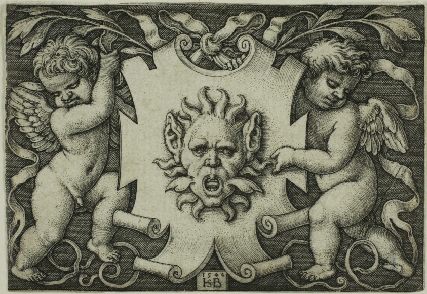 Ornament with a Mask Held by Two Genii