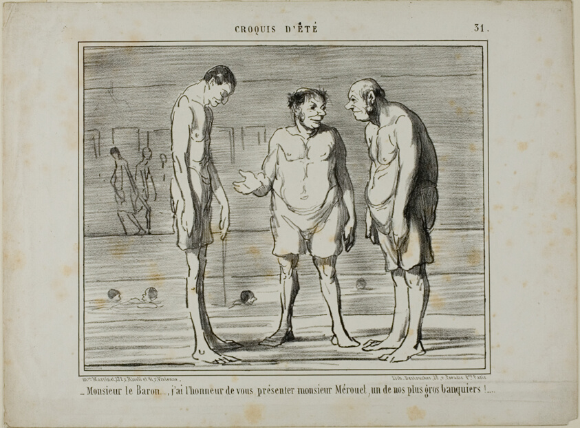 “- Baron, I have the honor of introducing you to Mr. Mérouel, one of our biggest bankers… - Baron, I have the honor of introducing you to Mr. Cascaret, one of our biggest shareholders,” plate 31 from Croquis D'été