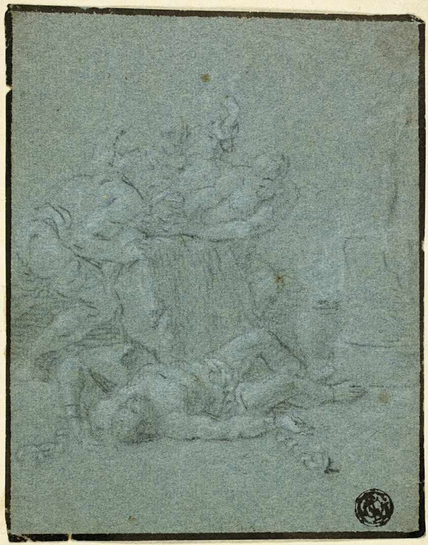 Two Men Holding Boulder over Prostrate Man with Manacles