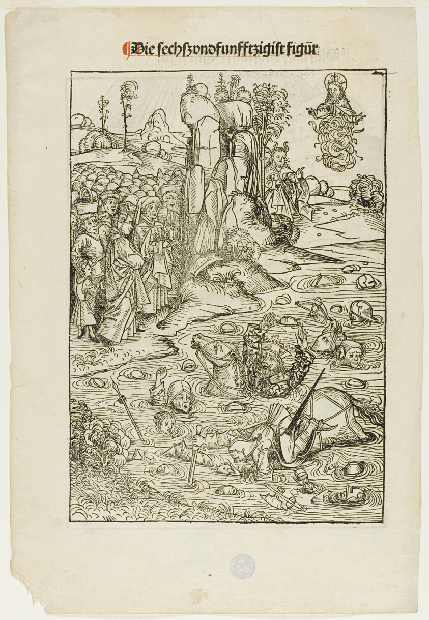Pharoah and His Host Perishing in the Red Sea (verso); The Freeing of King Joachim of Jerusalem (recto), pages 56 and 55, from the Treasury (Schatzbehalter)