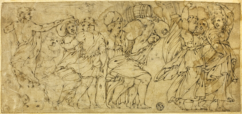 Men and Women Carrying Barrels and Bundles