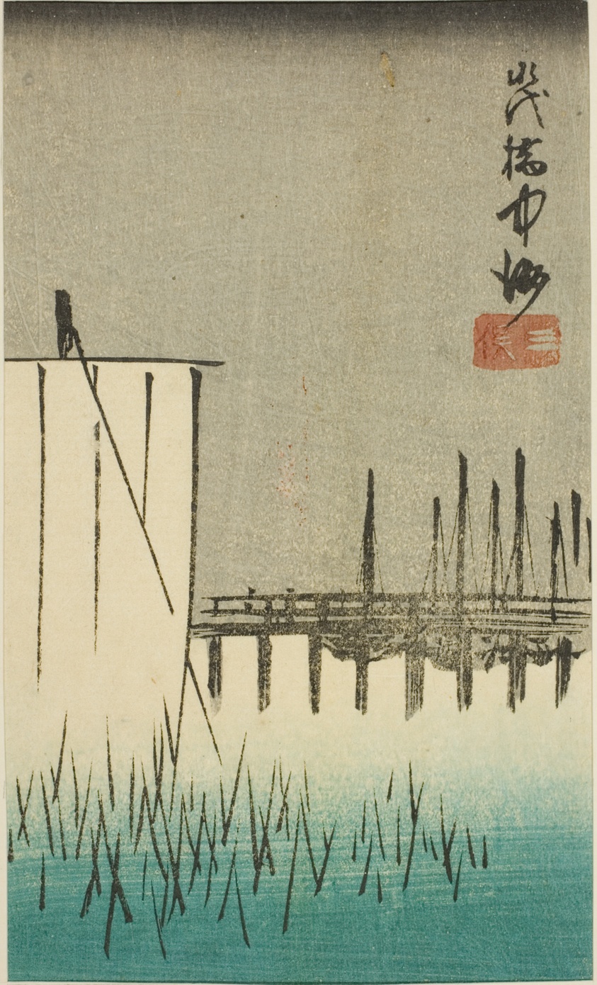 Eitai Bridge, Nakasu, and Mitsumata (Eitaibashi Nakasu Mitsumata), section of a sheet from the series "Cutouts of Famous Places in Edo (Harimaze Koto meisho)"