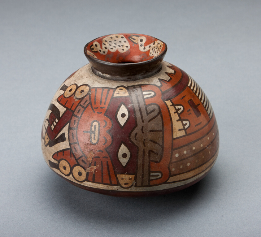 Jar Depicting a Costumed Ritual Performer Wearing Feline Mask