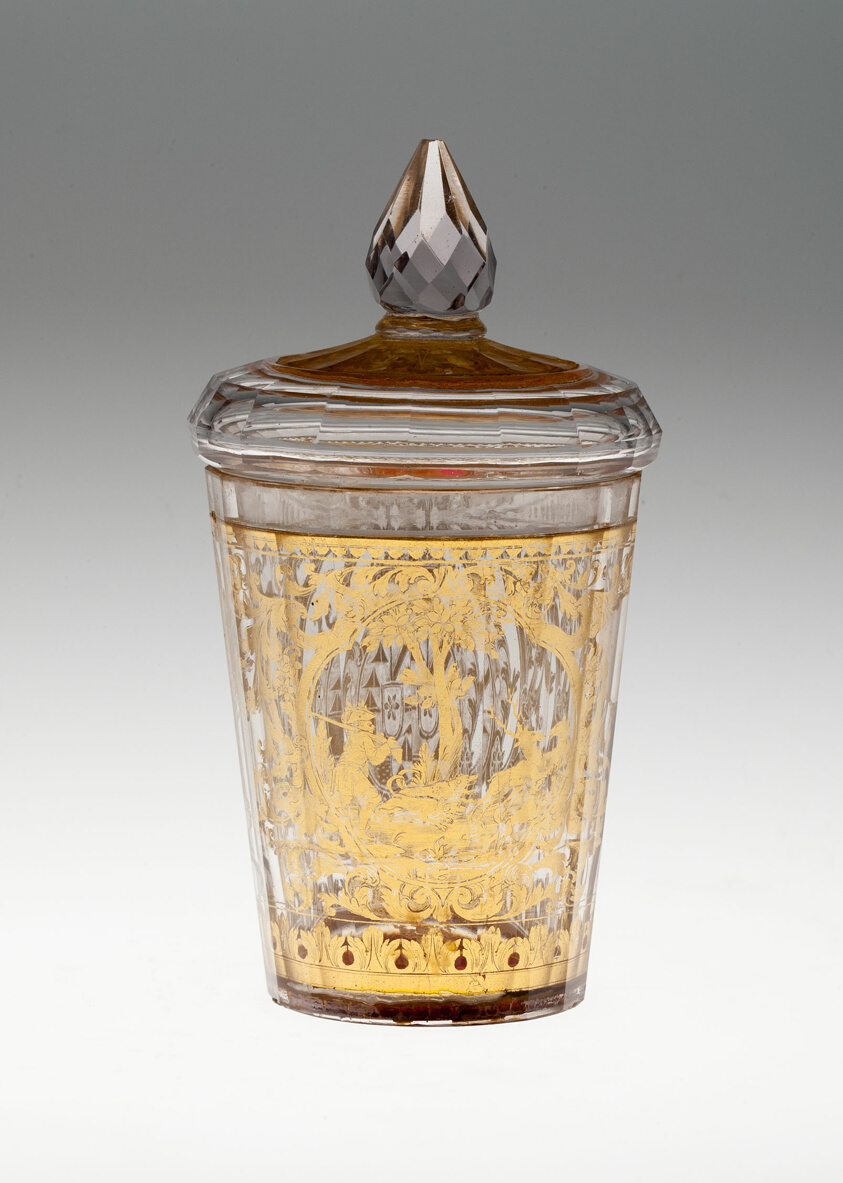 Covered Beaker with Coat of Arms and Hunting Scene in Gold