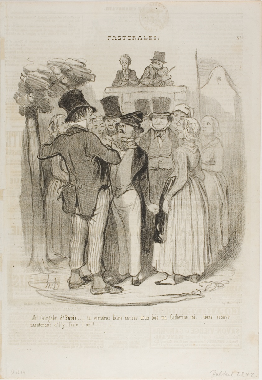“- So, Gringalet from Paris!.... you will dance twice with my Catherine ...... try again now to make sheep's eyes at her,” plate 27 from Pastorales