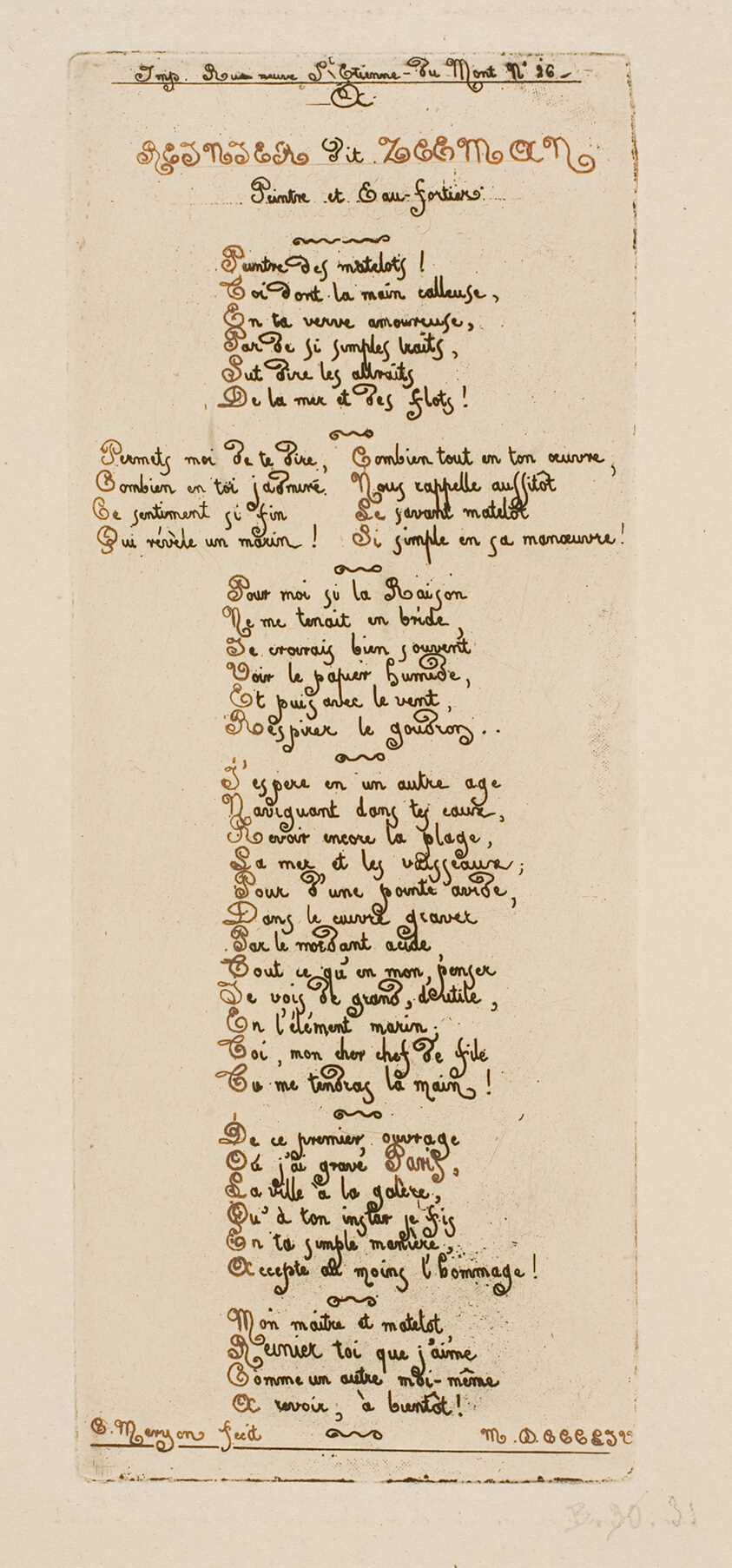 Dedicatory Verses by Meryon to Reinier Nooms, Called Zeeman