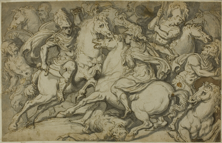 Cavalry Skirmish (recto); Kneeling Ecorché (verso)