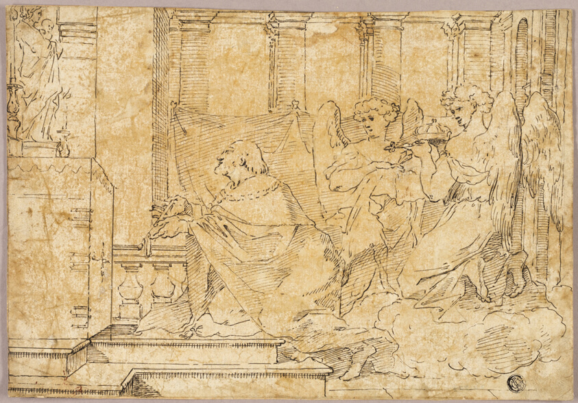Saint Kneeling before Altar with Statue of Madonna and Child