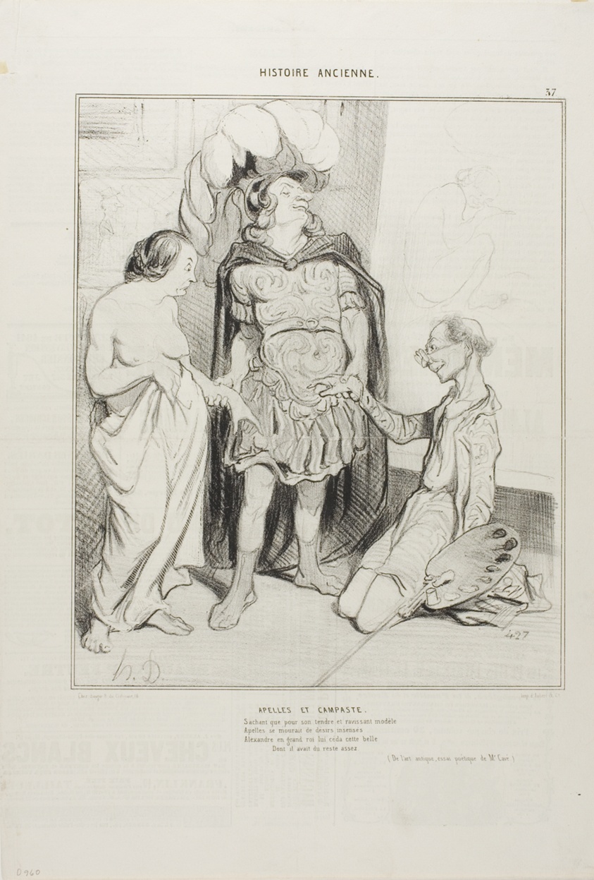 Apelles and Campaste. Aware that Apelles was wasting away with love Alexander gave him Campeste and above the first art deal ever now was struck girlfriend against sculpture, oh what luck! (From Art and the Antique, a poetic essay by M. Cavé), plate 36(37) from Histoire Ancienne