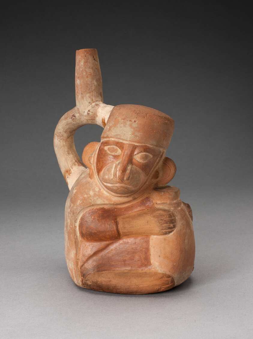 Handle Spout Vessel in Form of a Monkey Holding a Jar