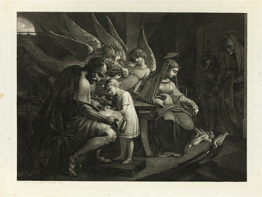 The Holy Family Busy at Home: Joseph Teaches the Boy Jesus to Read. Mary Feeds the Pigeons. Elizabeth Enters the Room with John