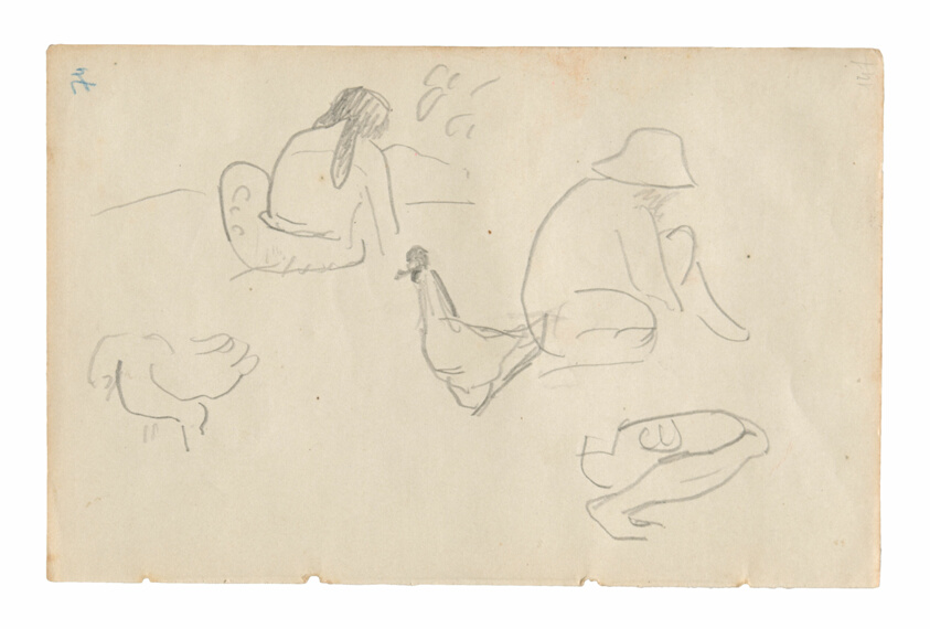Sketches of Seated Figures and Chickens (recto), Nude Female Torso (related to the painting Te a no areois [The Seed of the Areoi]) (verso), from the Carnet de Tahiti (Tahitian sketchbook)