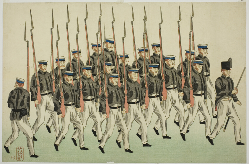 Procession of Russian Soldiers with Bayonets, from the Album of seven prints of Russian Army and Warship (Roshia seigi shashin kan)
