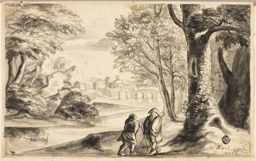 Two Travelers under Tree with Village and Bridge in Distance