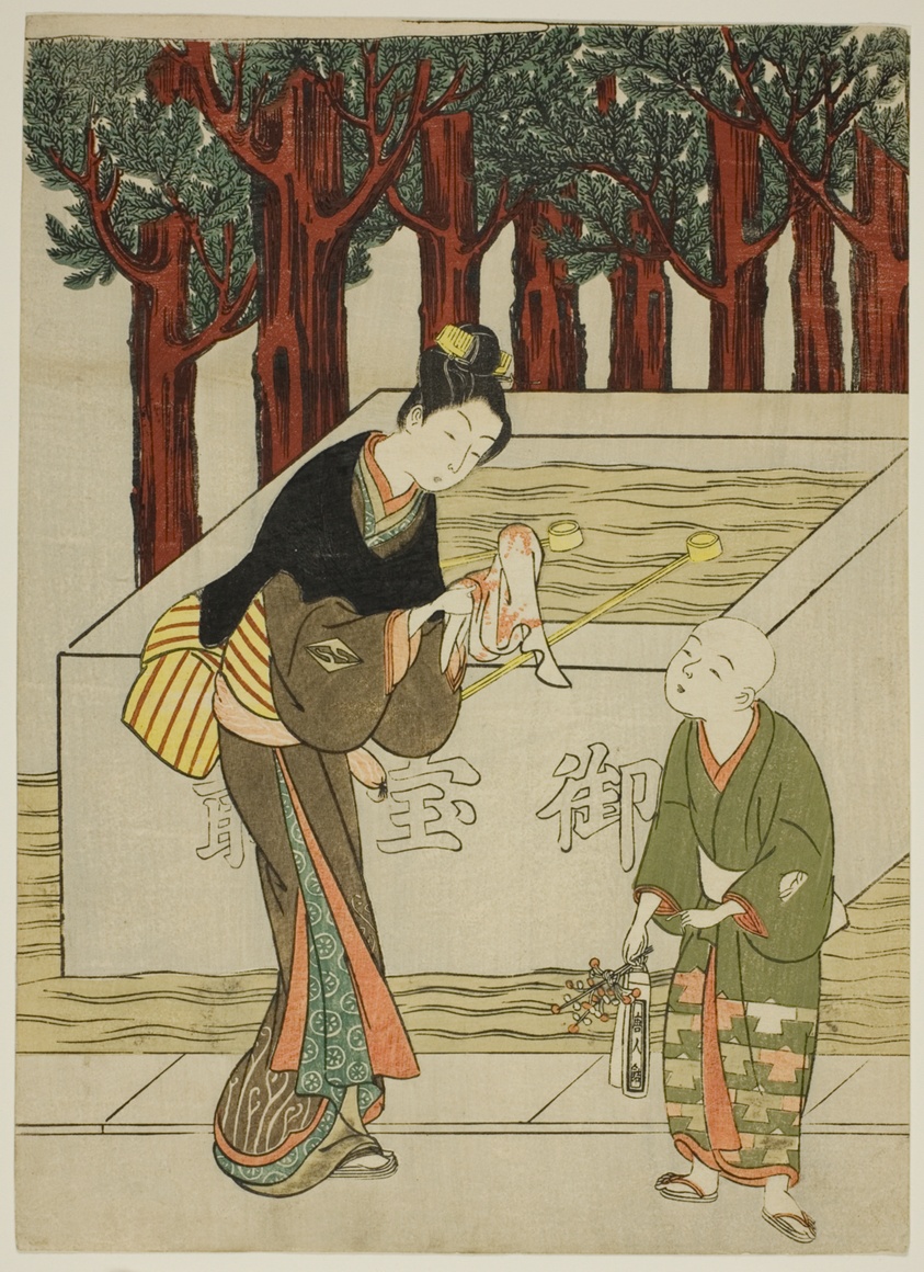 Woman Washing Her Hands before Entering a Shrine