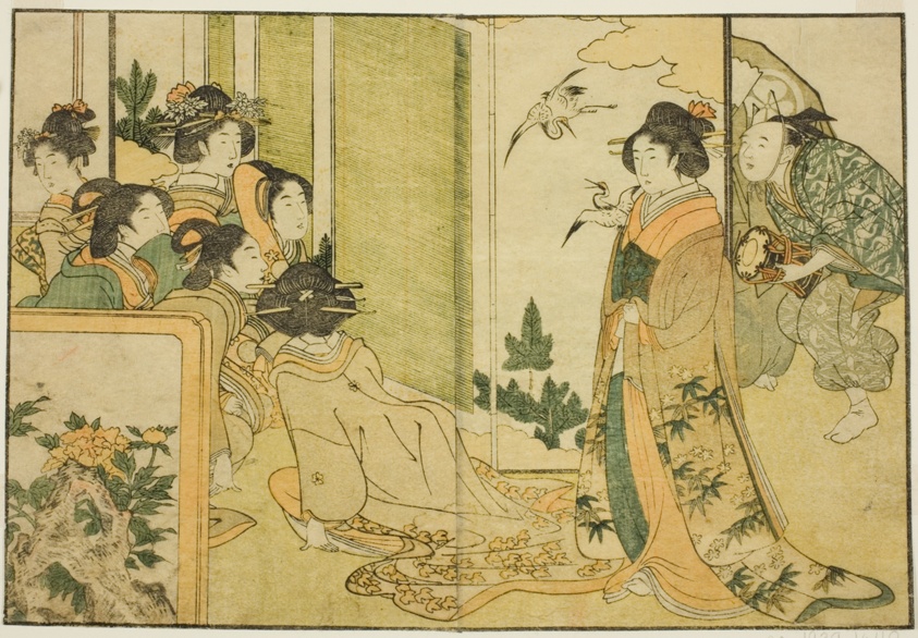 New Year Manzai Performance at a Feudal Lord's Mansion, from the illustrated book "Picture Book: Flowers of the Four Seasons (Ehon shiki no hana)," vol. 1