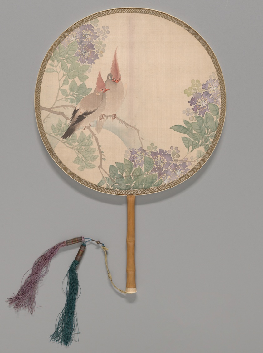 Red-Whiskered Bulbul and Azaleas in Moonlight 花鸟竹柄团扇