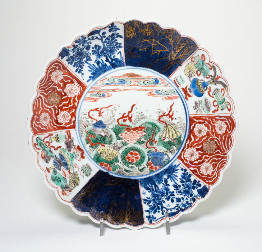 Dish with Flowers, Buddhist Emblems, Waves, Coral, and Clouds