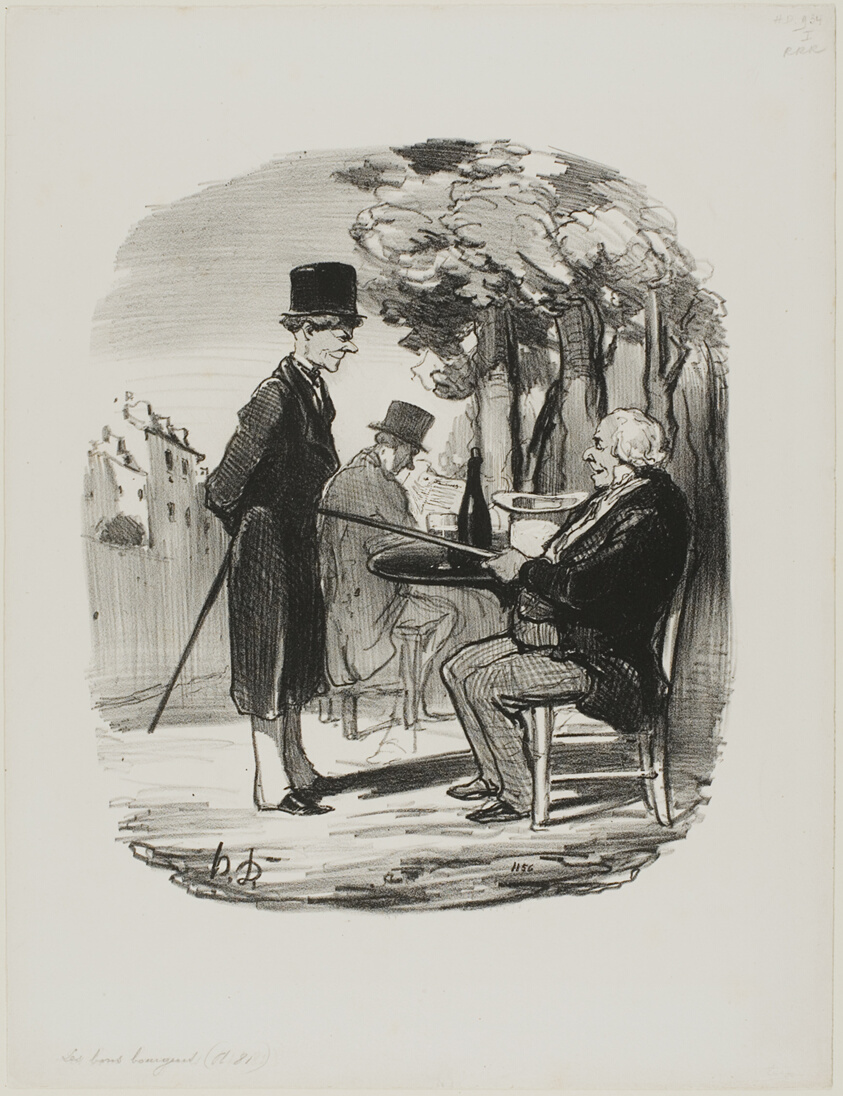 "- You are not having your bottle of beer with us this evening... I can tell you are having a private dinner party today, you scoundrel...," plate 81 from Les Bons Bourgeois