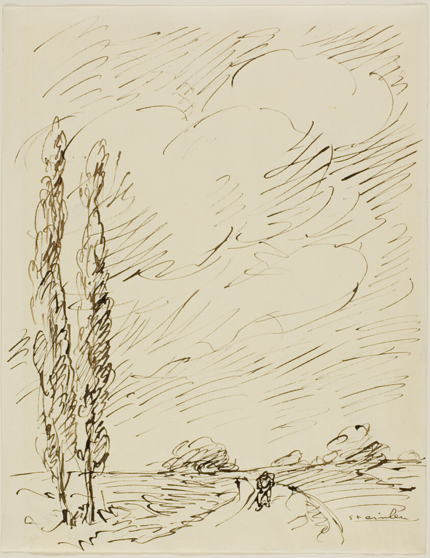 Tramp on a Road with Two Poplar Trees