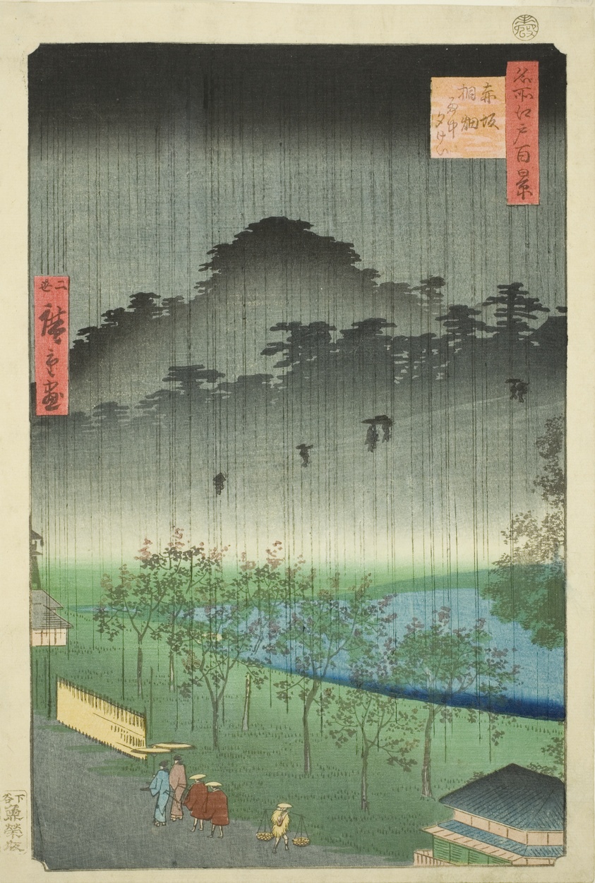Night Rain at the Paulownia Grove at Akasaka (Akasaka Kiribatake uchu yukei), from the series "One Hundred Famous Views of Edo (Meisho Edo hyakkei)"