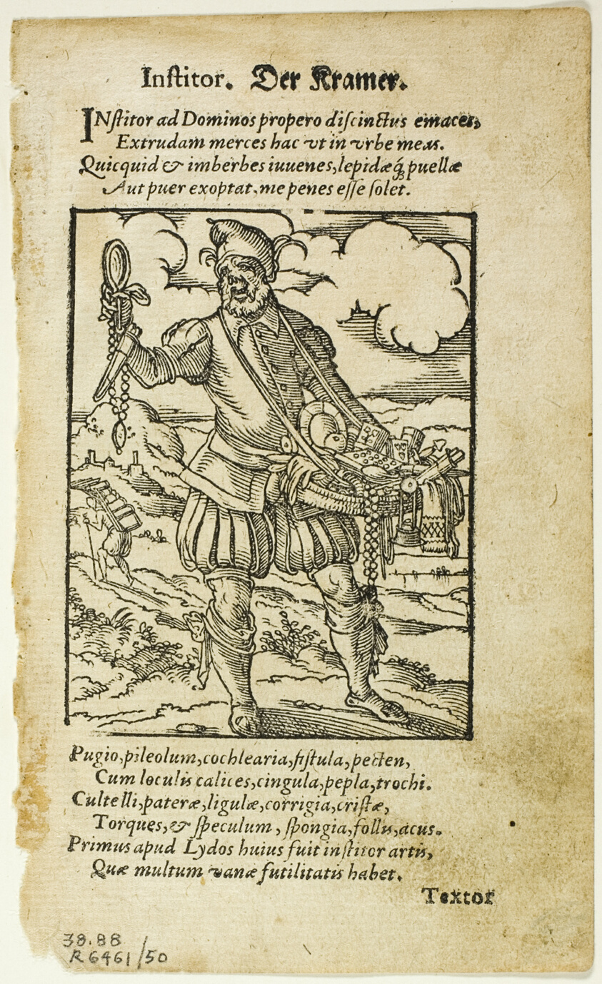 Der Kramer (The Peddler) from De omnibus illiberalibus sive mechanicis artibus by Hartmann Schopper, plate 50 from Woodcuts from Books of the XVI Century