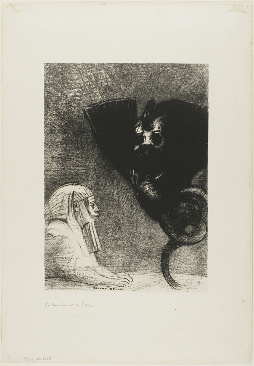 The Sphinx: "...my gaze that nothing can deflect, passing through objects, remains fixed on an inaccessible horizon." The Chimera: "As for me, I am light and joyful," plate 5 from To Gustave Flaubert