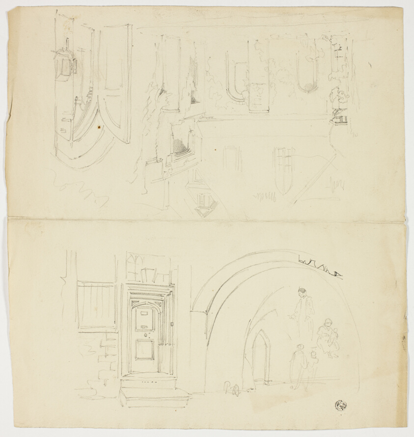 Sketches of Doorway, Figures, Building with Side Entrance to Church (recto); Sketch of Spire (verso)