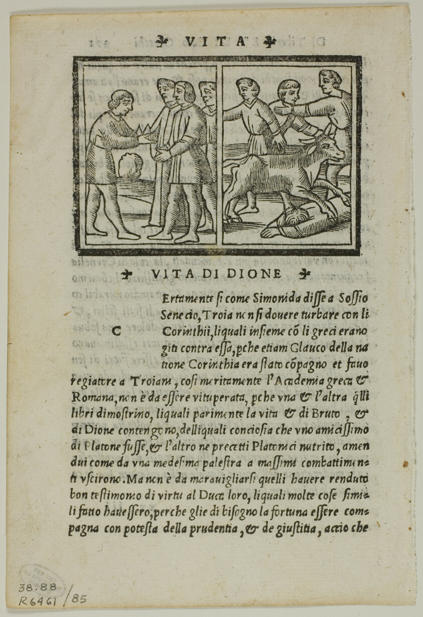 Illustration to Life of Dion from La Seconda Parte delle Vite di Plutarcho di greco in latino & di latino in volgare tradotte, plate 85 from Woodcuts from Books of the XVI Century