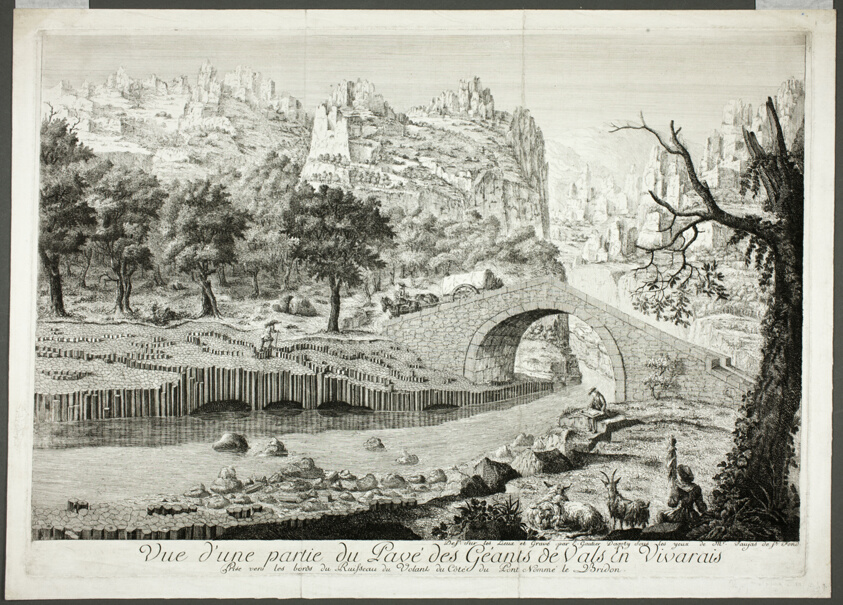 Vue d'une partie du pave des Geants de Vals en Vivarais (View of part of the pathway of the Giants of Vals in Vivarais, taken toward the edge of the river of Volans on the side of the bridge named Bridon)